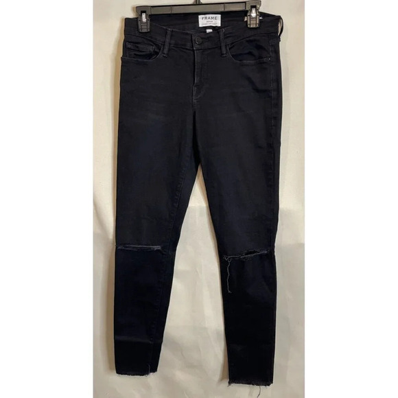 Frame Denim Size 29 Le Skinny De‎ Jeanne Jeans Black Distressed Raw Hem - Picture 1 of 10